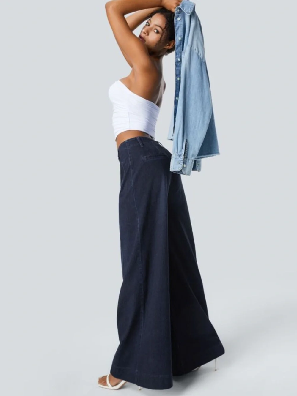 NWT HALARA Flex™ High Waisted Pockets Washed Casual Wide Leg Jeans Deep Indigo S